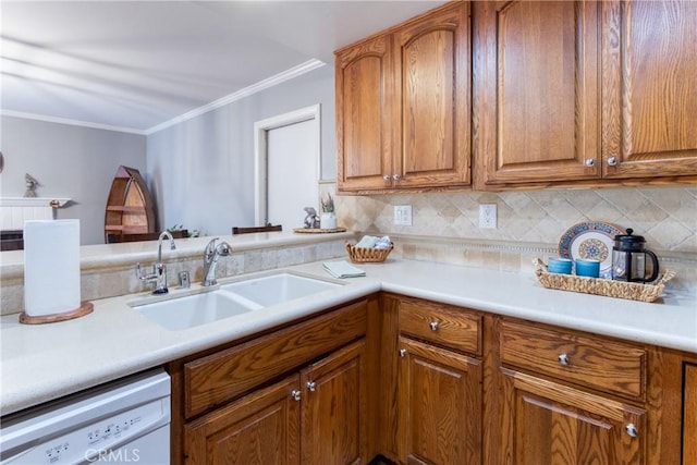 64 Seacrest Ct, Long Beach, CA 90803 - kitchen featuring white dishwasher, brown cabinets, tasteful backsplash, and crown molding