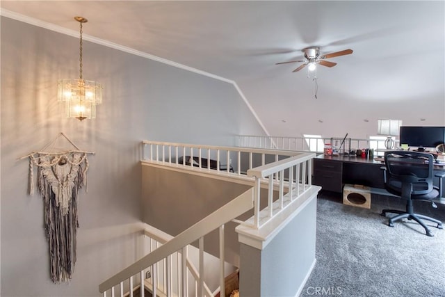 64 Seacrest Ct, Long Beach, CA 90803 - carpeted office with ceiling fan, crown molding, lofted ceiling, and a chandelier