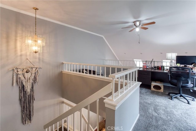 64 Seacrest Ct, Long Beach, CA 90803 - carpeted home office featuring ceiling fan, crown molding, lofted ceiling, and a chandelier