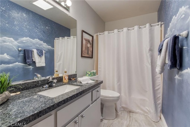 64 Seacrest Ct, Long Beach, CA 90803 - bathroom with vanity, wallpapered walls, marble finish flooring, and a shower with curtain