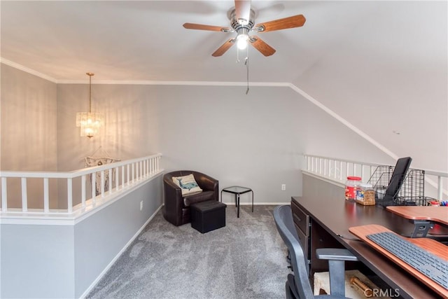 64 Seacrest Ct, Long Beach, CA 90803 - carpeted office featuring ceiling fan, a chandelier, and lofted ceiling