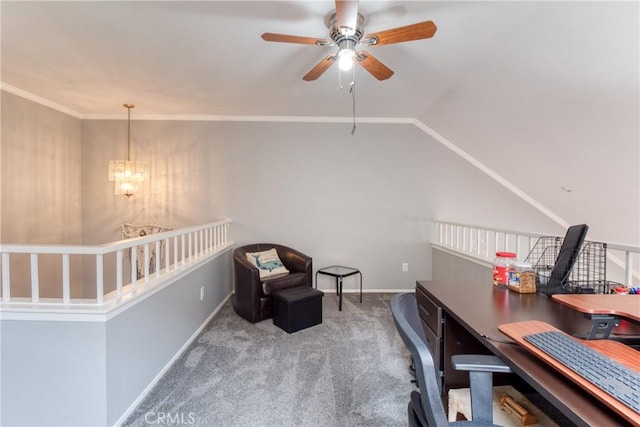 64 Seacrest Ct, Long Beach, CA 90803 - office space featuring ceiling fan, carpet, a chandelier, and vaulted ceiling