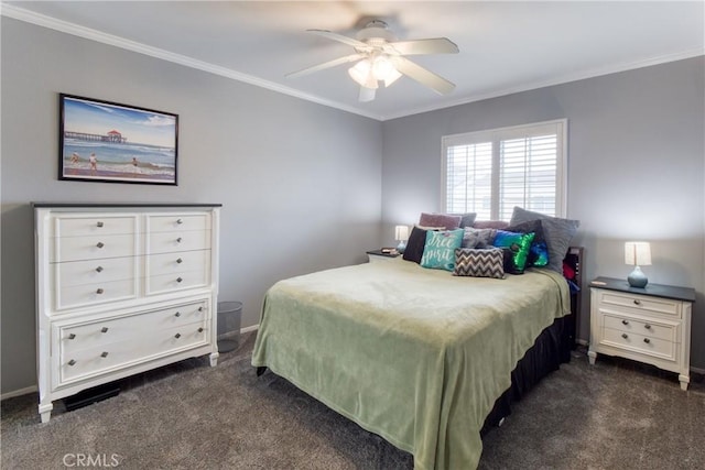 64 Seacrest Ct, Long Beach, CA 90803 - bedroom featuring dark carpet, crown molding, and a ceiling fan