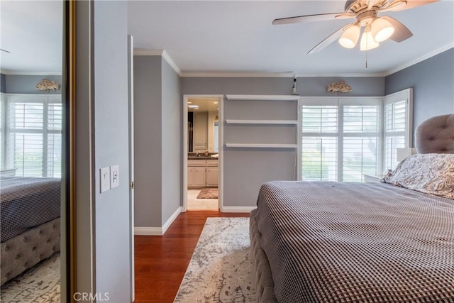 64 Seacrest Ct, Long Beach, CA 90803 - bedroom featuring dark wood finished floors, ornamental molding, and ceiling fan