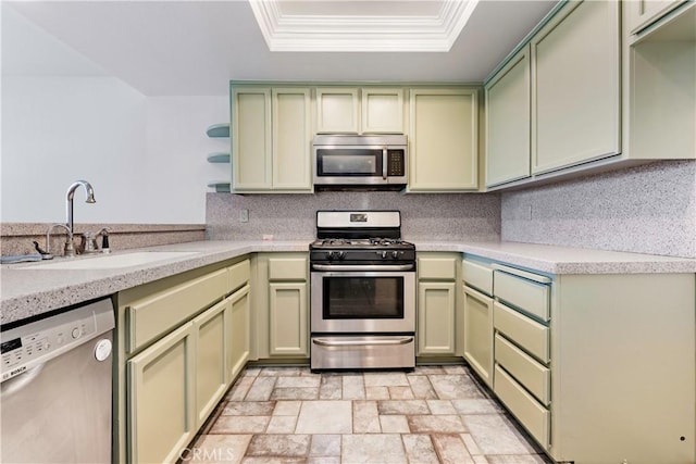 2051 Orizaba Ave Unit 8, Signal Hill, CA 90755 - kitchen with stainless steel appliances, green cabinets, open shelves, a raised ceiling, and stone finish floors