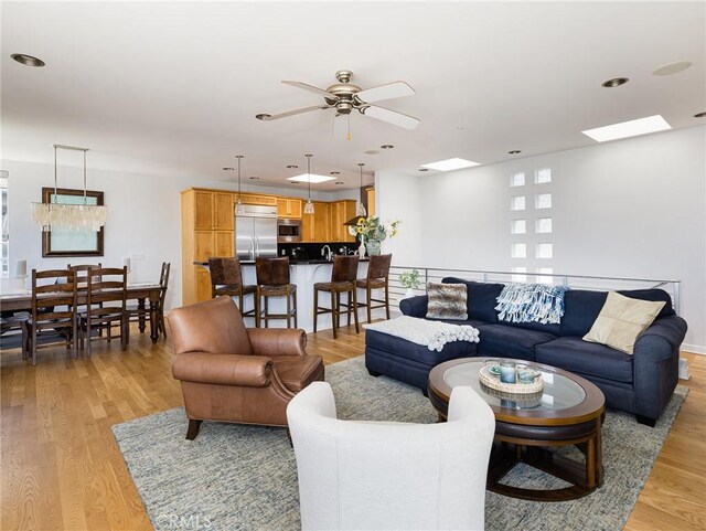 209 41st, Manhattan Beach, CA 90266 - living area featuring a ceiling fan, light wood-style floors, and a skylight