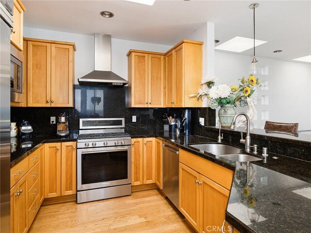 209 41st, Manhattan Beach, CA 90266 - kitchen with stainless steel appliances, wall chimney exhaust hood, light wood finished floors, backsplash, and recessed lighting