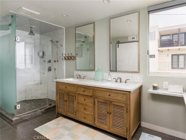 209 41st, Manhattan Beach, CA 90266 - bathroom featuring a stall shower, double vanity, recessed lighting, plenty of natural light, and backsplash