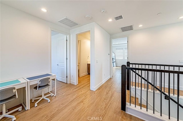 20754 W Bur Oak Cir, Porter Ranch, CA 91326 - hall with an upstairs landing, light wood-style flooring, and recessed lighting