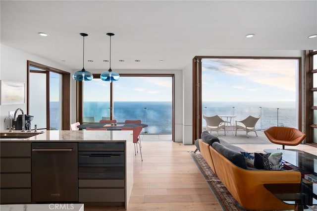 2517 Iris Way, Laguna Beach, CA 92651 - kitchen featuring a sink, light wood-style floors, floor to ceiling windows, decorative light fixtures, and dishwasher