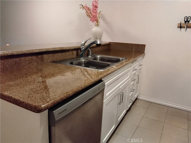 5414 Newcastle Ave Unit 7, Encino, CA 91316 - kitchen featuring dishwasher, white cabinetry, light tile patterned floors, and dark stone countertops