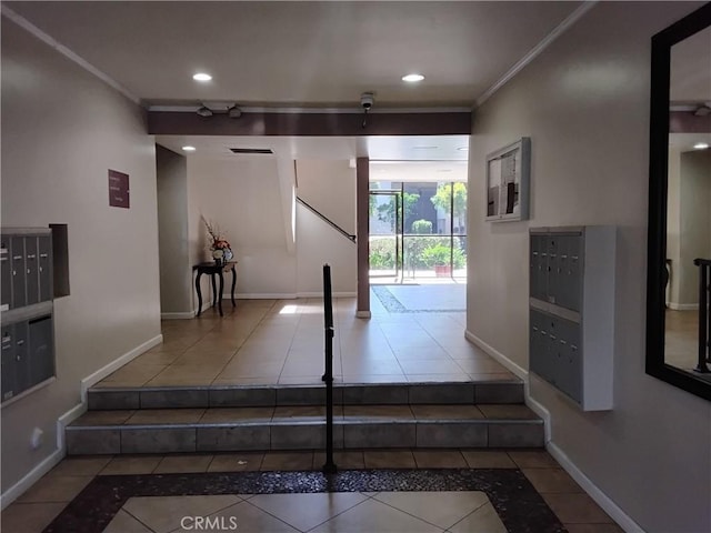 5414 Newcastle Ave Unit 7, Encino, CA 91316 - corridor with inlaid floor details, tile patterned floors, mail area, crown molding, and recessed lighting