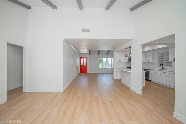 18259 Midbury St, Brea, CA 92821 - unfurnished living room with high vaulted ceiling, light wood-style floors, and beam ceiling