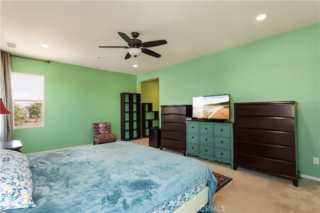 34901 Limecrest Pl, Murrieta, CA 92563 - bedroom featuring light carpet, recessed lighting, and ceiling fan