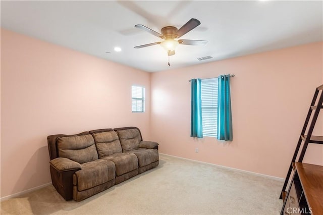 34901 Limecrest Pl, Murrieta, CA 92563 - carpeted living room featuring ceiling fan, baseboards, and recessed lighting
