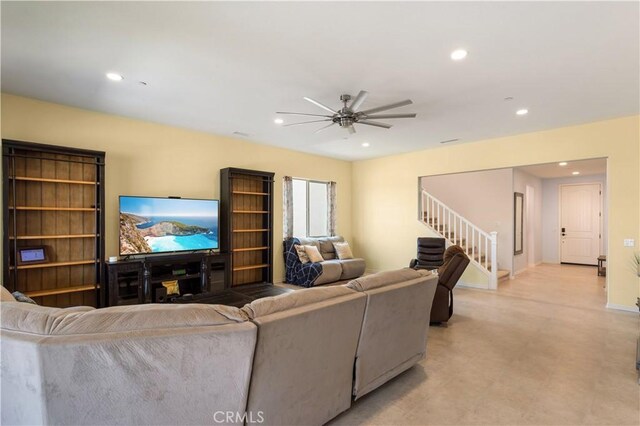 34901 Limecrest Pl, Murrieta, CA 92563 - living area featuring recessed lighting, a ceiling fan, and stairway