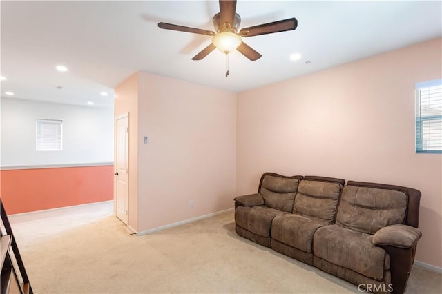 34901 Limecrest Pl, Murrieta, CA 92563 - living room featuring light carpet, recessed lighting, and a ceiling fan