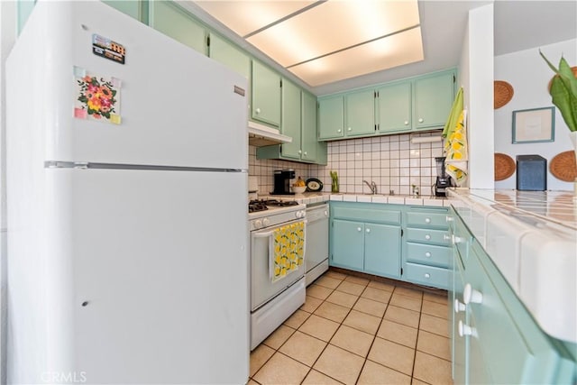 910 W 26th St Unit 3, San Pedro, CA 90731 - kitchen featuring white appliances, backsplash, light tile patterned floors, and under cabinet range hood