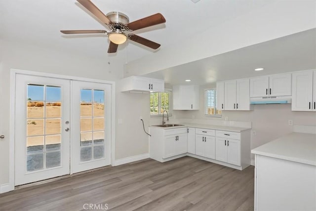 35010 Cedar Rd, Barstow, CA 92311 - kitchen featuring a sink, under cabinet range hood, white cabinets, french doors, and wood finished floors