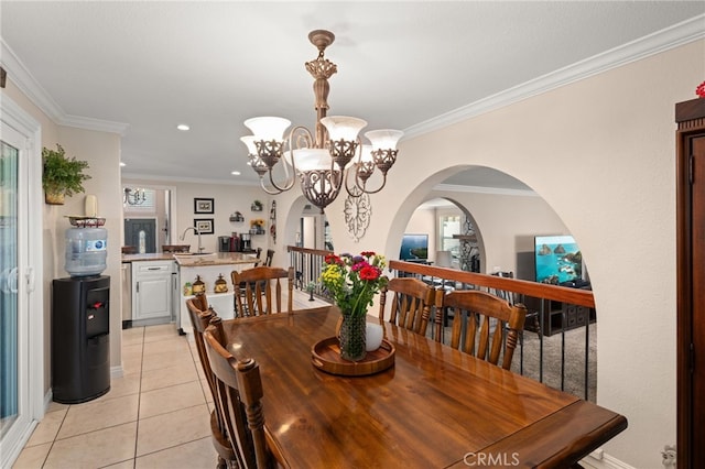 1938 N Quince Way, Upland, CA 91784 - dining space featuring arched walkways, light tile patterned floors, ornamental molding, a chandelier, and recessed lighting