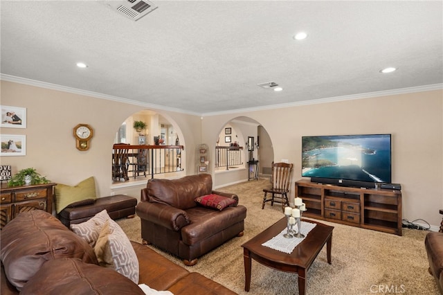 1938 N Quince Way, Upland, CA 91784 - carpeted living area featuring arched walkways, recessed lighting, crown molding, and baseboards