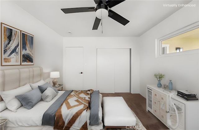 3221 W Jacinto View Rd, Banning, CA 92220 - bedroom with dark carpet and a ceiling fan