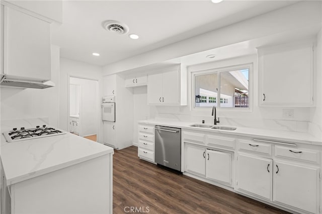 3221 W Jacinto View Rd, Banning, CA 92220 - kitchen with white appliances, a sink, white cabinets, custom range hood, and recessed lighting