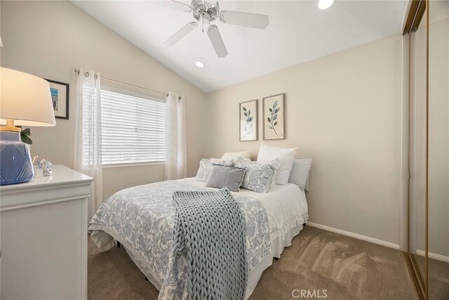 5020 Windy Cir, Yorba Linda, CA 92887 - bedroom featuring carpet flooring, vaulted ceiling, baseboards, ceiling fan, and recessed lighting
