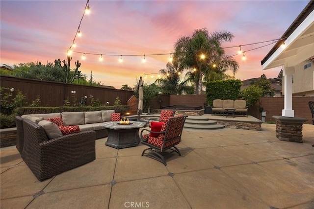 5020 Windy Cir, Yorba Linda, CA 92887 - fenced backyard with an outdoor living space with a fire pit and a patio