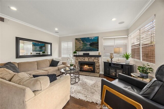 5020 Windy Cir, Yorba Linda, CA 92887 - living room with dark wood-type flooring, plenty of natural light, crown molding, a fireplace, and recessed lighting