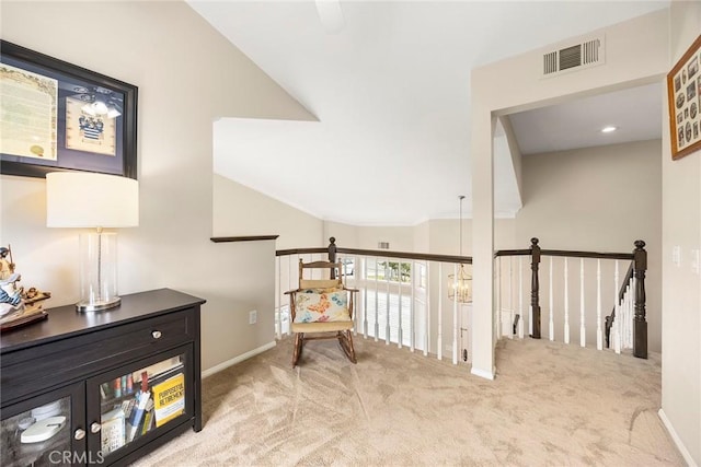 5020 Windy Cir, Yorba Linda, CA 92887 - corridor featuring carpet floors, an upstairs landing, vaulted ceiling, and baseboards