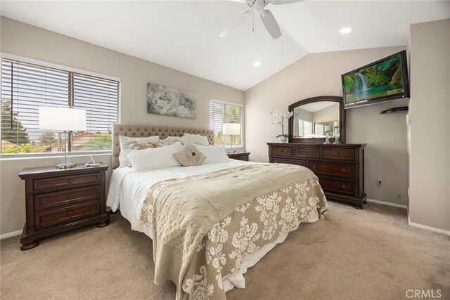 5020 Windy Cir, Yorba Linda, CA 92887 - bedroom with light colored carpet, baseboards, lofted ceiling, ceiling fan, and recessed lighting
