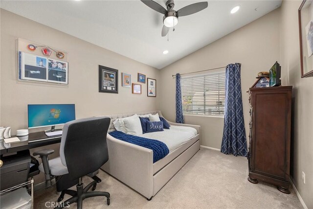 5020 Windy Cir, Yorba Linda, CA 92887 - bedroom featuring lofted ceiling, baseboards, light carpet, recessed lighting, and an office area