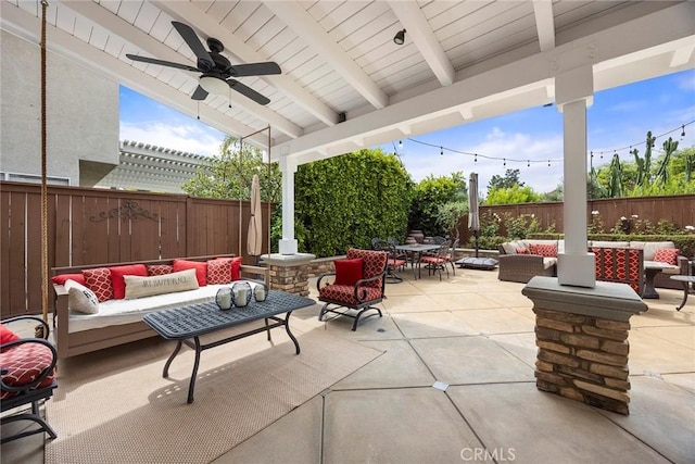 5020 Windy Cir, Yorba Linda, CA 92887 - fenced backyard featuring outdoor lounge area, outdoor dining space, a patio, and ceiling fan