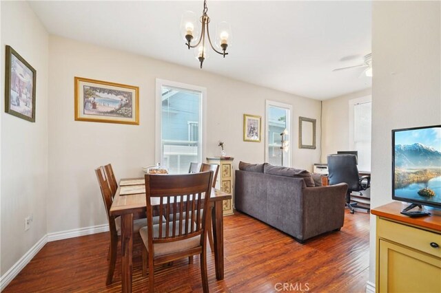 382 N Palomares St, Pomona, CA 91767 - dining area with dark wood-style floors, a chandelier, an office area, and ceiling fan