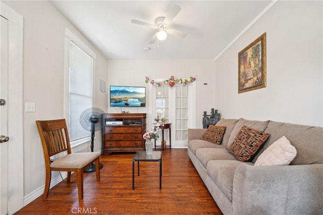 382 N Palomares St, Pomona, CA 91767 - living room with wood finished floors, ceiling fan, and ornamental molding