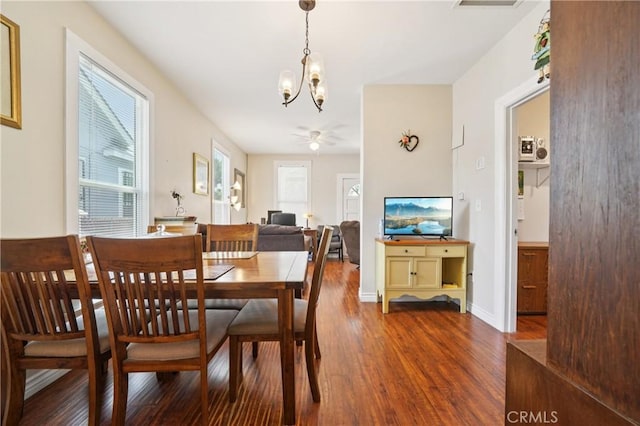 382 N Palomares St, Pomona, CA 91767 - dining room with a chandelier, wood finished floors, and ceiling fan