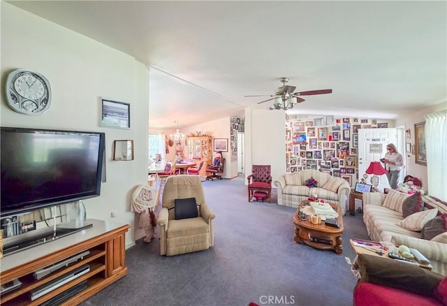 38727 State Highway 96, Klamath River, CA 96050 - carpeted living room featuring a chandelier and a ceiling fan