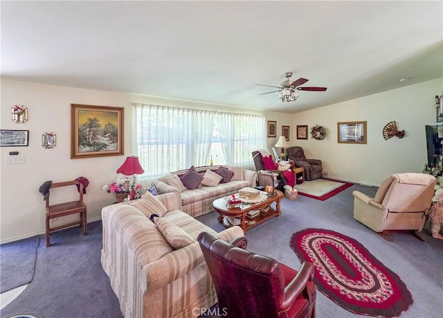 38727 State Highway 96, Klamath River, CA 96050 - living room with carpet, a ceiling fan, and baseboards