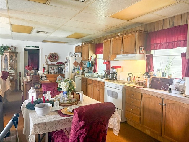38727 State Highway 96, Klamath River, CA 96050 - kitchen featuring white appliances, light countertops, a drop ceiling, brown cabinetry, and under cabinet range hood