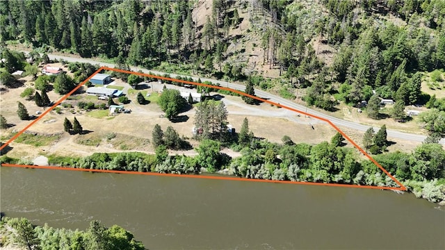 38727 State Highway 96, Klamath River, CA 96050 - aerial overview of property's location with property parcel outlined and a nearby body of water