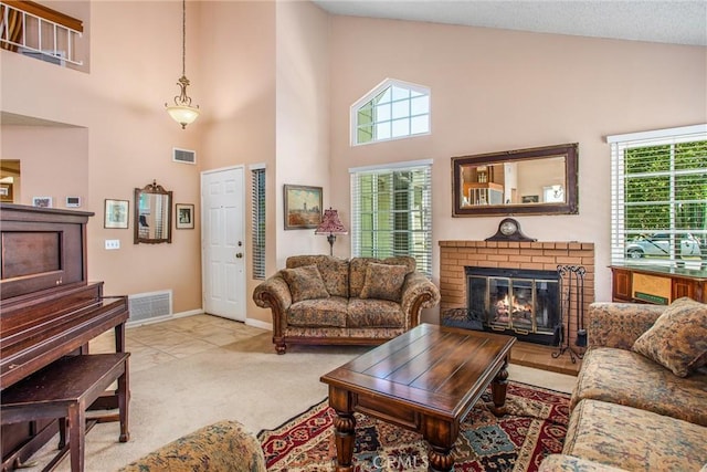 100 Waters Ct, Redlands, CA 92374 - living room with plenty of natural light, high vaulted ceiling, a fireplace, carpet floors, and baseboards