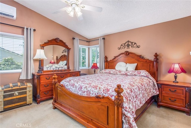 100 Waters Ct, Redlands, CA 92374 - bedroom featuring light carpet, an AC wall unit, lofted ceiling, a textured ceiling, and a ceiling fan