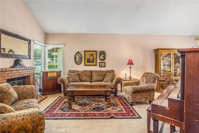 100 Waters Ct, Redlands, CA 92374 - living room with a textured ceiling, light carpet, vaulted ceiling, and a fireplace