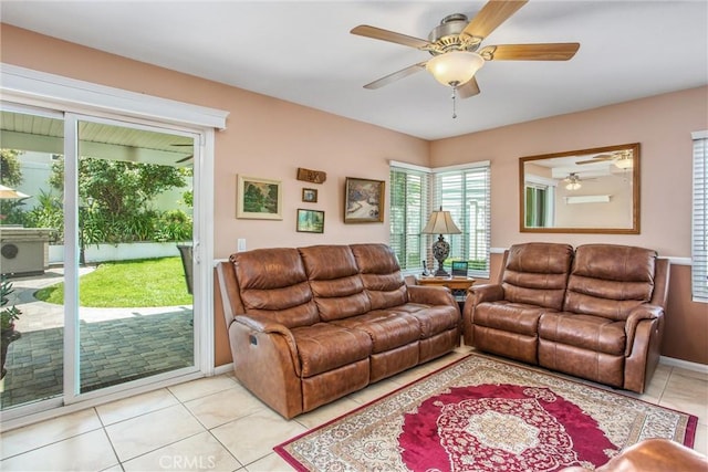 100 Waters Ct, Redlands, CA 92374 - living room featuring a ceiling fan, light tile patterned floors, and baseboards