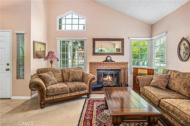 100 Waters Ct, Redlands, CA 92374 - carpeted living area featuring a fireplace, healthy amount of natural light, baseboards, high vaulted ceiling, and a textured ceiling