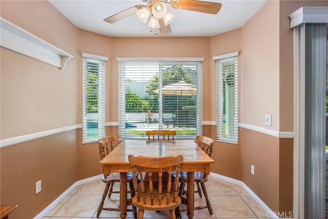 100 Waters Ct, Redlands, CA 92374 - dining room featuring light tile patterned floors, a ceiling fan, and baseboards