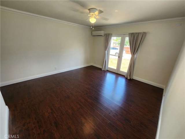 10450 Balboa Blvd, Granada Hills, CA 91344 - unfurnished room featuring a wall mounted AC, dark wood-style floors, baseboards, ceiling fan, and ornamental molding