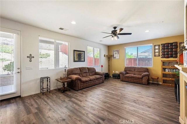 197 Inkster Way, Hemet, CA 92545 - living area featuring wood finished floors, a ceiling fan, and recessed lighting