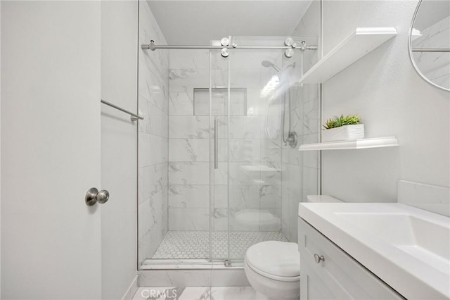18241 Via Calma Unit 1, Rowland Heights, CA 91748 - full bathroom featuring a stall shower, vanity, and marble look tile flooring